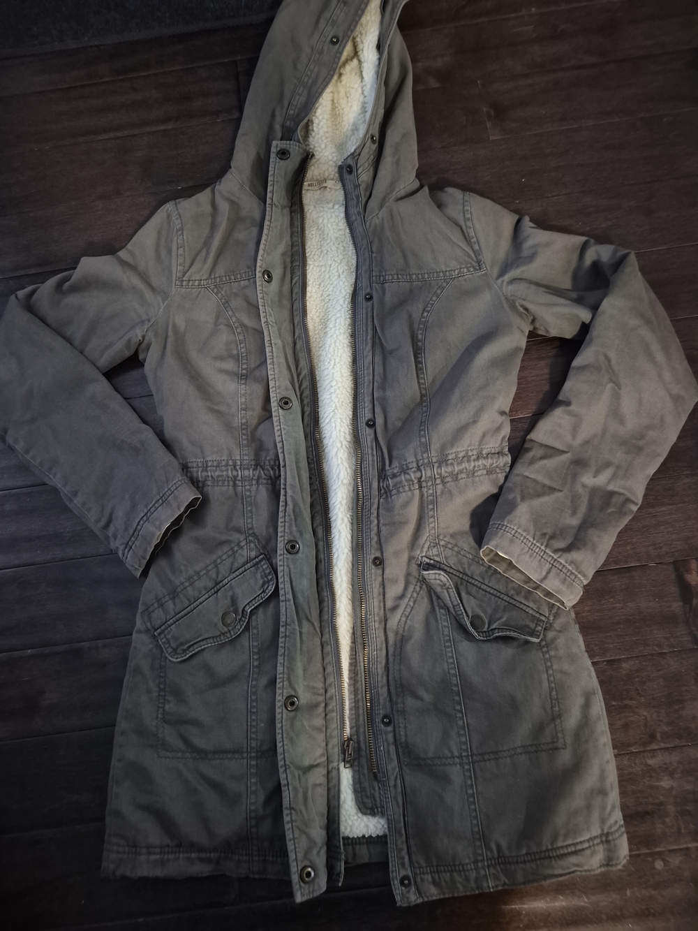 Hollister Gray Hooded Trench Coat with Cream Sherpa Lining
